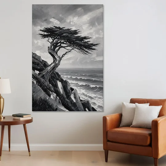 Coastal Black and White Windswept Cypress on the Cliff - Canvas Wall Art - Sofa - 40x60