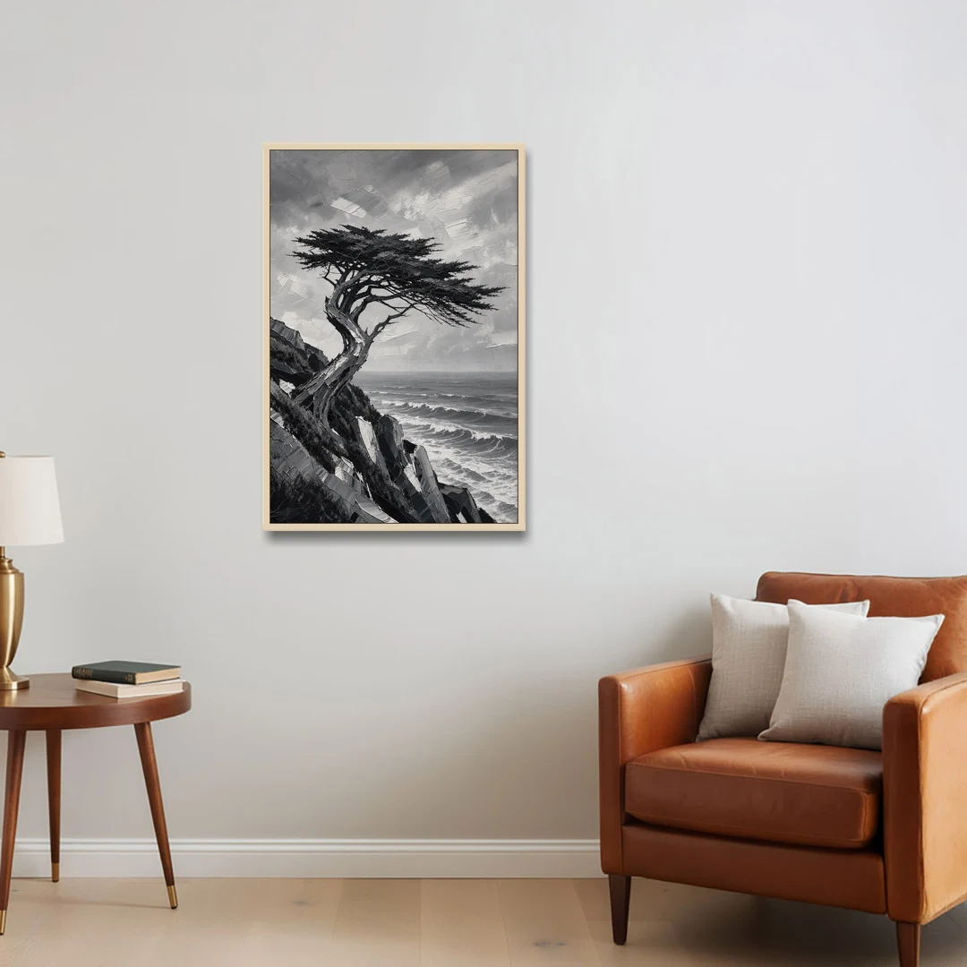 Coastal Black and White Windswept Cypress on the Cliff - Oak Framed Canvas Wall Art - Sofa - 24x36