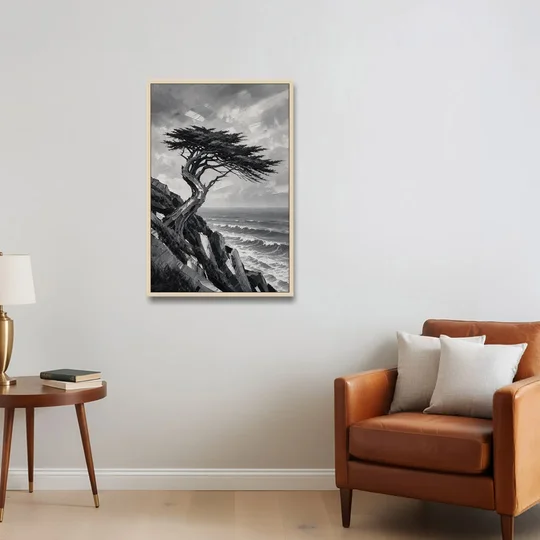 Coastal Black and White Windswept Cypress on the Cliff - Oak Framed Canvas Wall Art - Sofa - 24x36