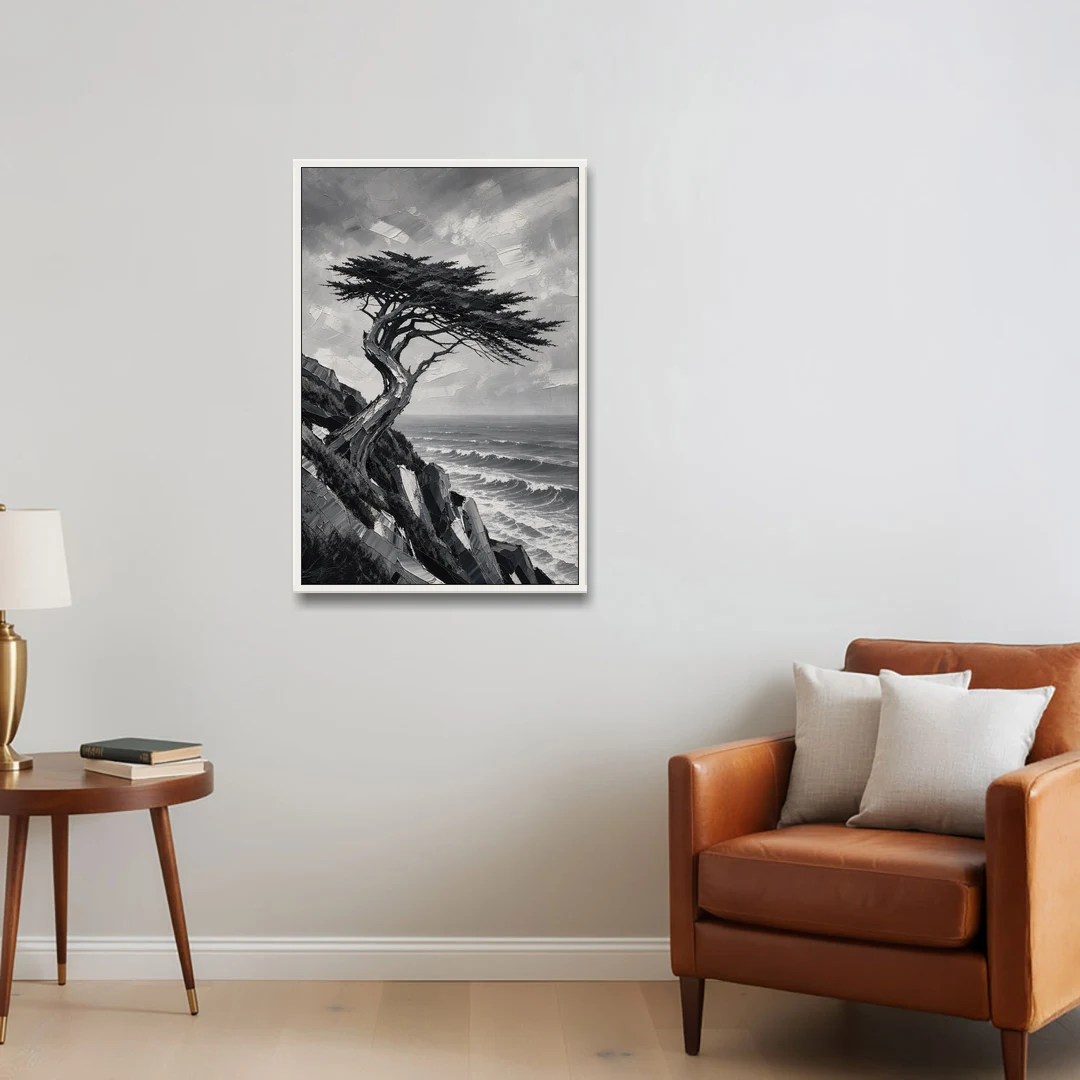 Coastal Black and White Windswept Cypress on the Cliff - White Framed Canvas Wall Art - Sofa - 24x36