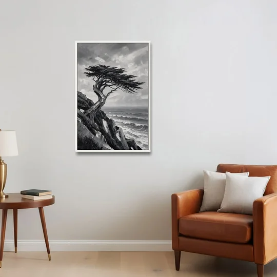 Coastal Black and White Windswept Cypress on the Cliff - White Framed Canvas Wall Art - Sofa - 24x36
