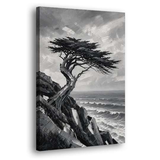 Coastal Black and White Windswept Cypress on the Cliff - Canvas Wall Art - Side