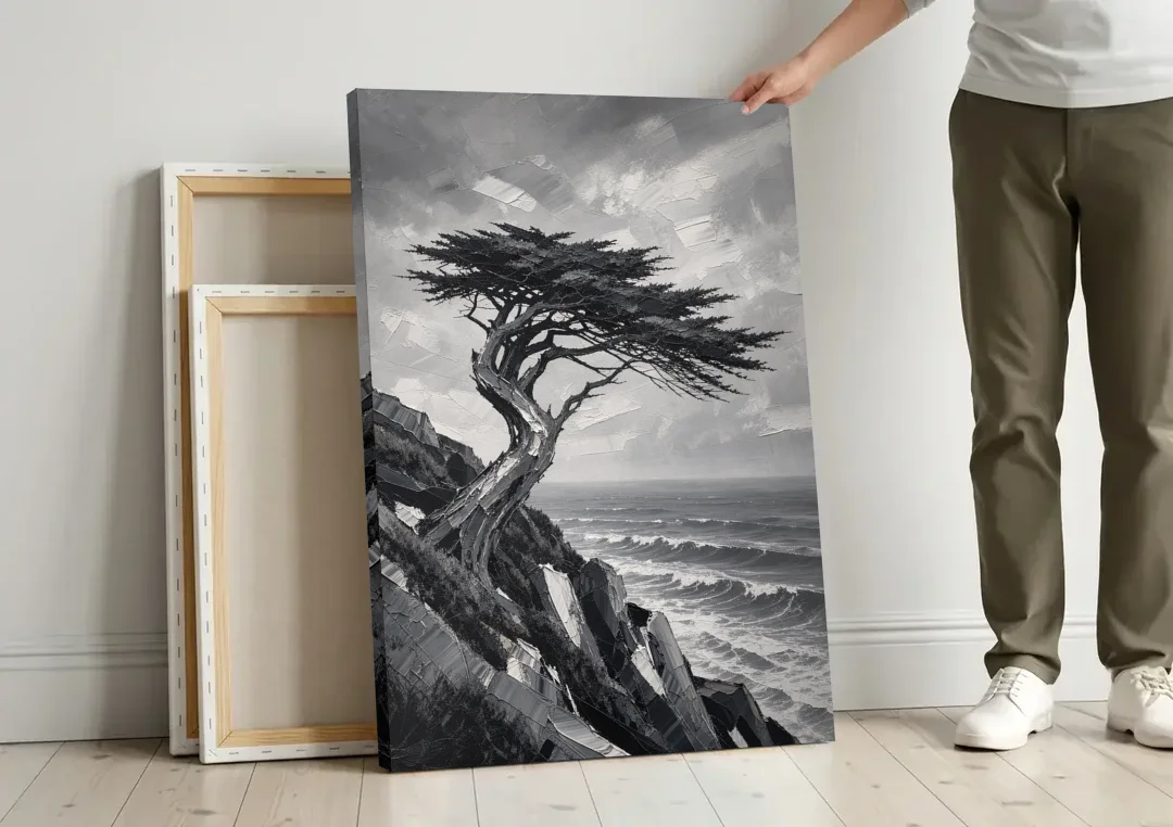 Coastal Black and White Windswept Cypress on the Cliff canvas wall art leaning against a wall next to blank canvases