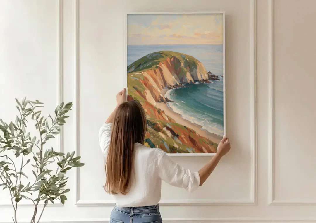 Coastal Canvas Prints of a Headland Cove canvas wall art being hung on a paneled wall