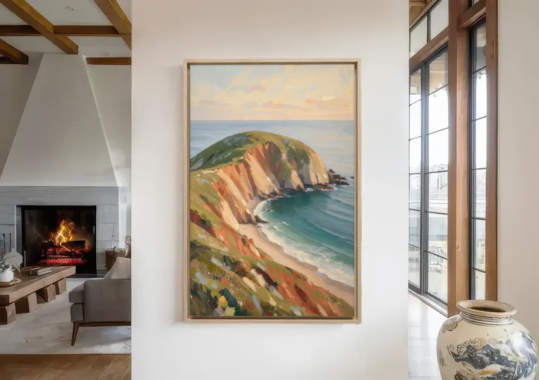Coastal Canvas Prints of a Headland Cove canvas wall art in a living room with a fireplace