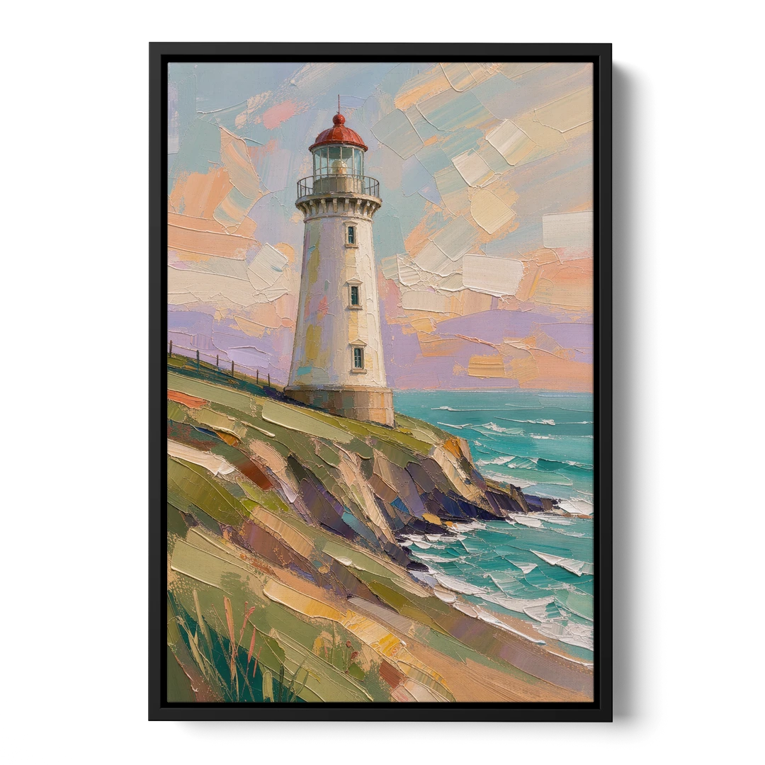 Coastal Lighthouse on a Green Bluff - Black Framed Canvas Wall Art - Front