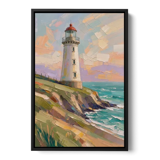 Coastal Lighthouse on a Green Bluff - Black Framed Canvas Wall Art - Front