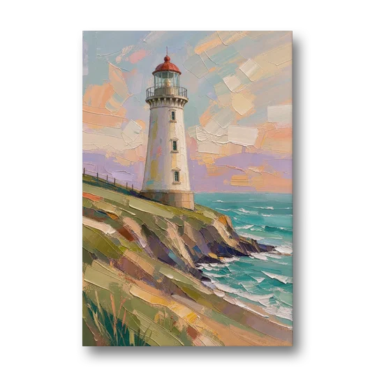 Coastal Lighthouse on a Green Bluff - Canvas Wall Art - Front