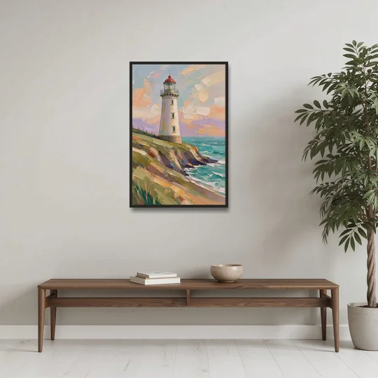 Coastal Lighthouse on a Green Bluff - Black Framed Canvas Wall Art - Coffee Table - 24x36