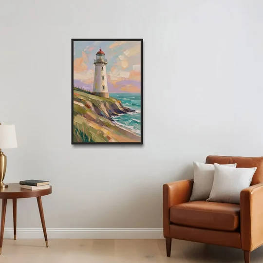 Coastal Lighthouse on a Green Bluff - Black Framed Canvas Wall Art - Sofa - 24x36