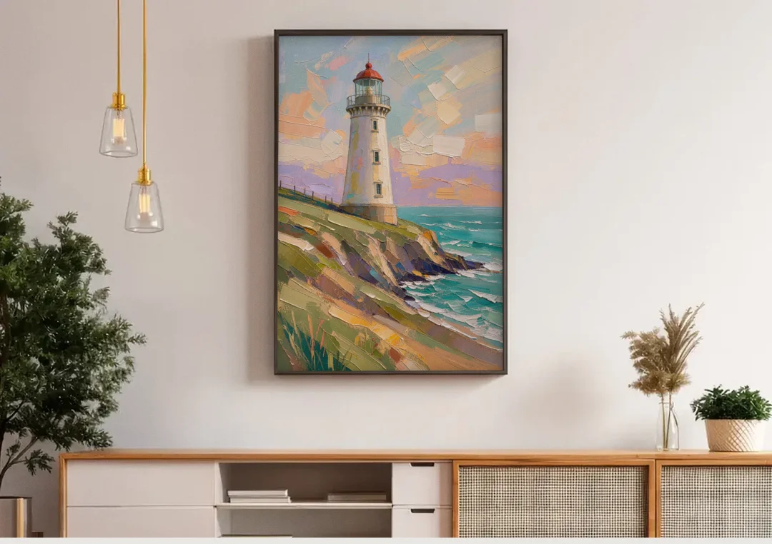 Coastal Lighthouse on a Green Bluff canvas wall art above a wooden sideboard under pendant lights