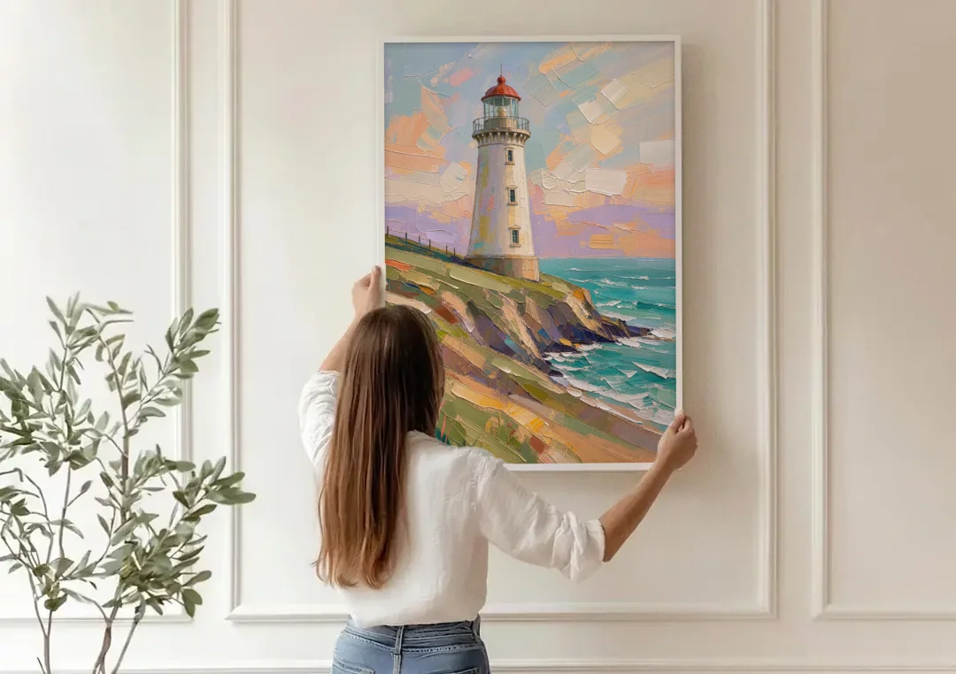 Coastal Lighthouse on a Green Bluff canvas wall art being hung on a paneled wall