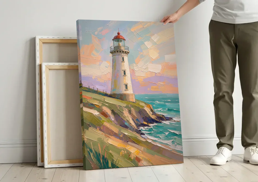 Coastal Lighthouse on a Green Bluff canvas wall art leaning against a wall next to blank canvases