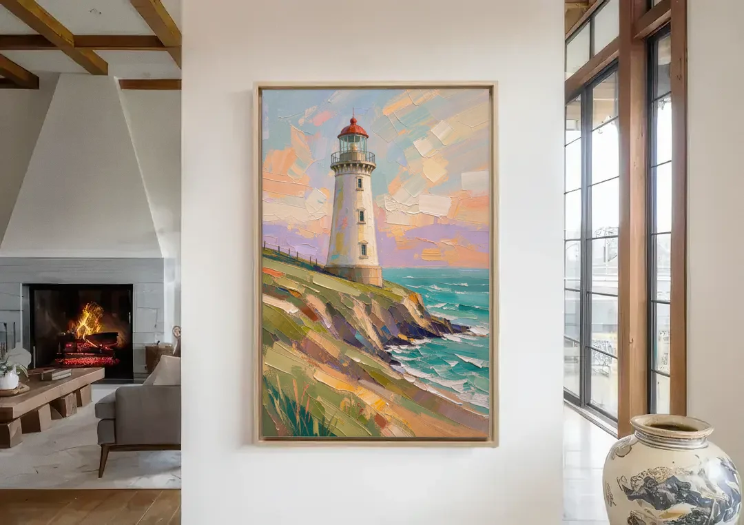Coastal Lighthouse on a Green Bluff canvas wall art in a living room with a fireplace