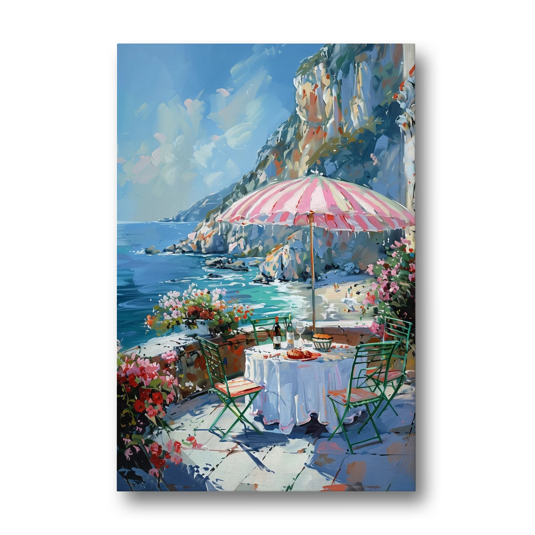 Coastal Painting with a Pink Striped Umbrella - Canvas Wall Art - Front