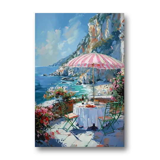 Coastal Painting with a Pink Striped Umbrella - Canvas Wall Art - Front