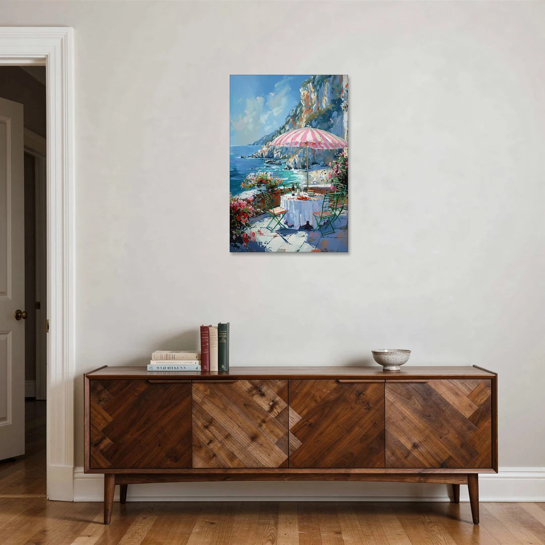 Coastal Painting with a Pink Striped Umbrella - Canvas Wall Art - Coffee Table - 24x36