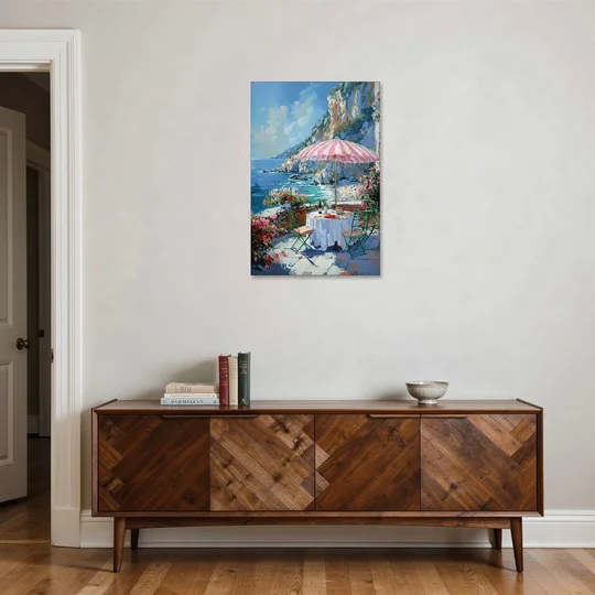 Coastal Painting with a Pink Striped Umbrella - Canvas Wall Art - Coffee Table - 24x36