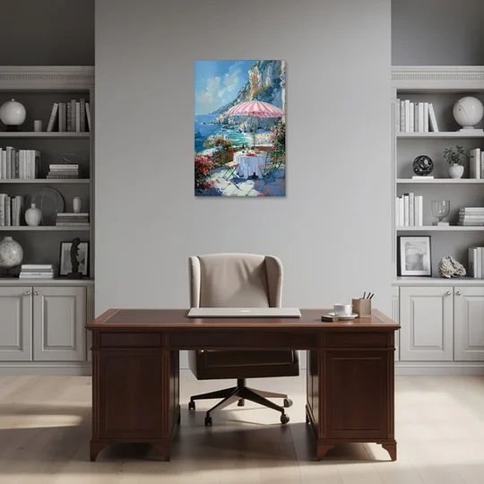 Coastal Painting with a Pink Striped Umbrella - Canvas Wall Art - Office - 24x36