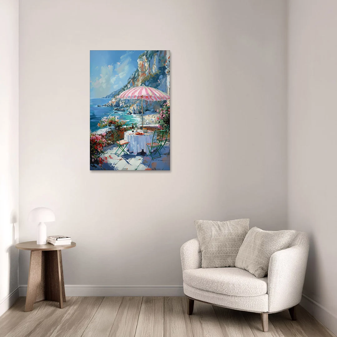 Coastal Painting with a Pink Striped Umbrella - Canvas Wall Art - Sofa - 24x36