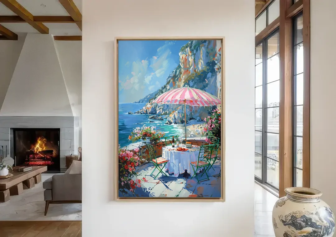 Coastal Painting with a Pink Striped Umbrella canvas wall art in a living room with a fireplace