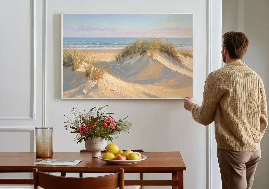 Coastal Paintings of Sea Grass Dunes canvas wall art above a dining table