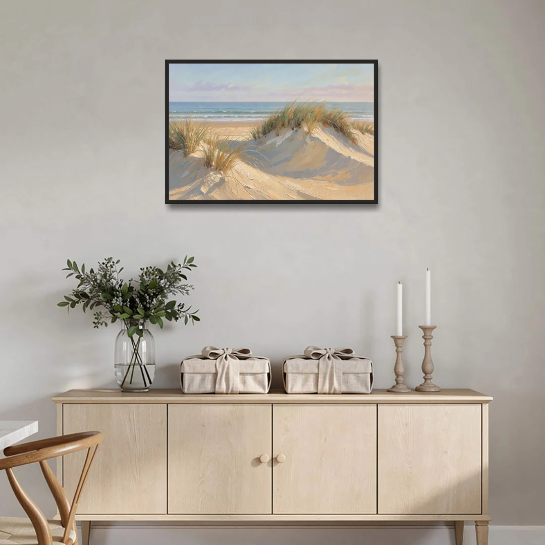 Coastal Paintings of Sea Grass Dunes - Black Framed Canvas Wall Art - Coffee Table - 36x24