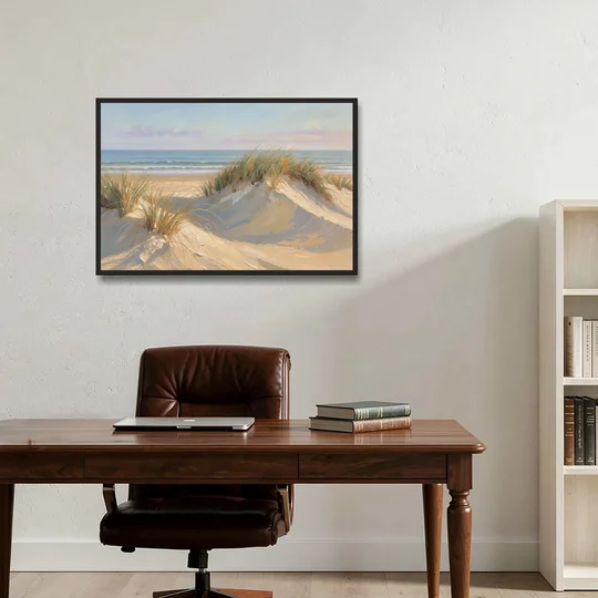 Coastal Paintings of Sea Grass Dunes - Black Framed Canvas Wall Art - Office - 36x24