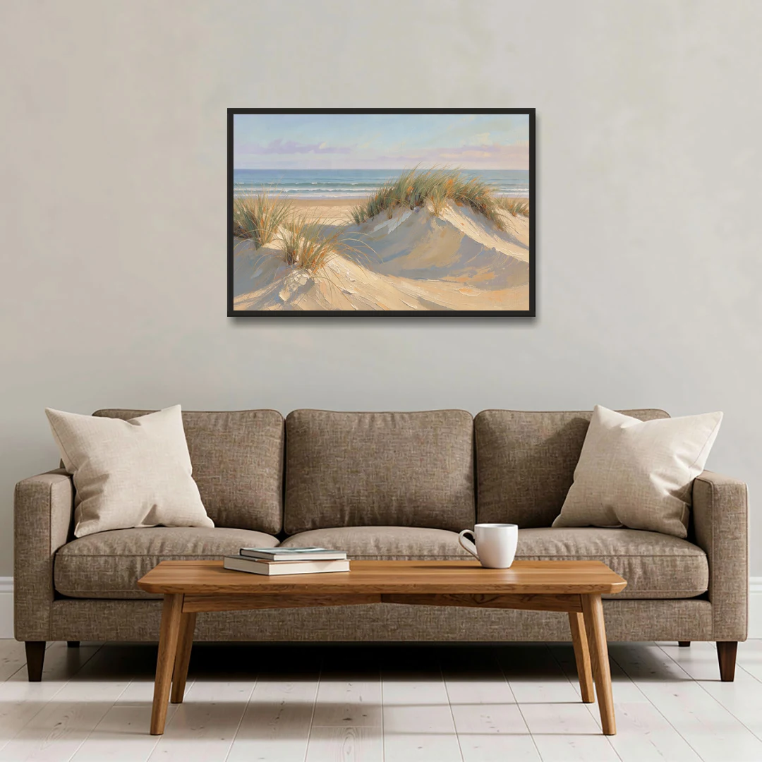 Coastal Paintings of Sea Grass Dunes - Black Framed Canvas Wall Art - Sofa - 36x24