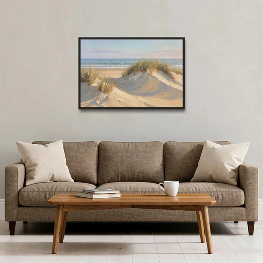 Coastal Paintings of Sea Grass Dunes - Black Framed Canvas Wall Art - Sofa - 36x24