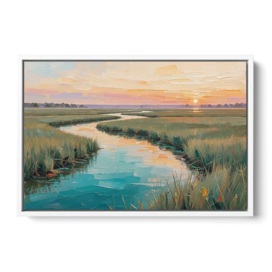 Coastal Salt Marsh at Sunrise for a Big Wall - White Framed Canvas Wall Art - Front