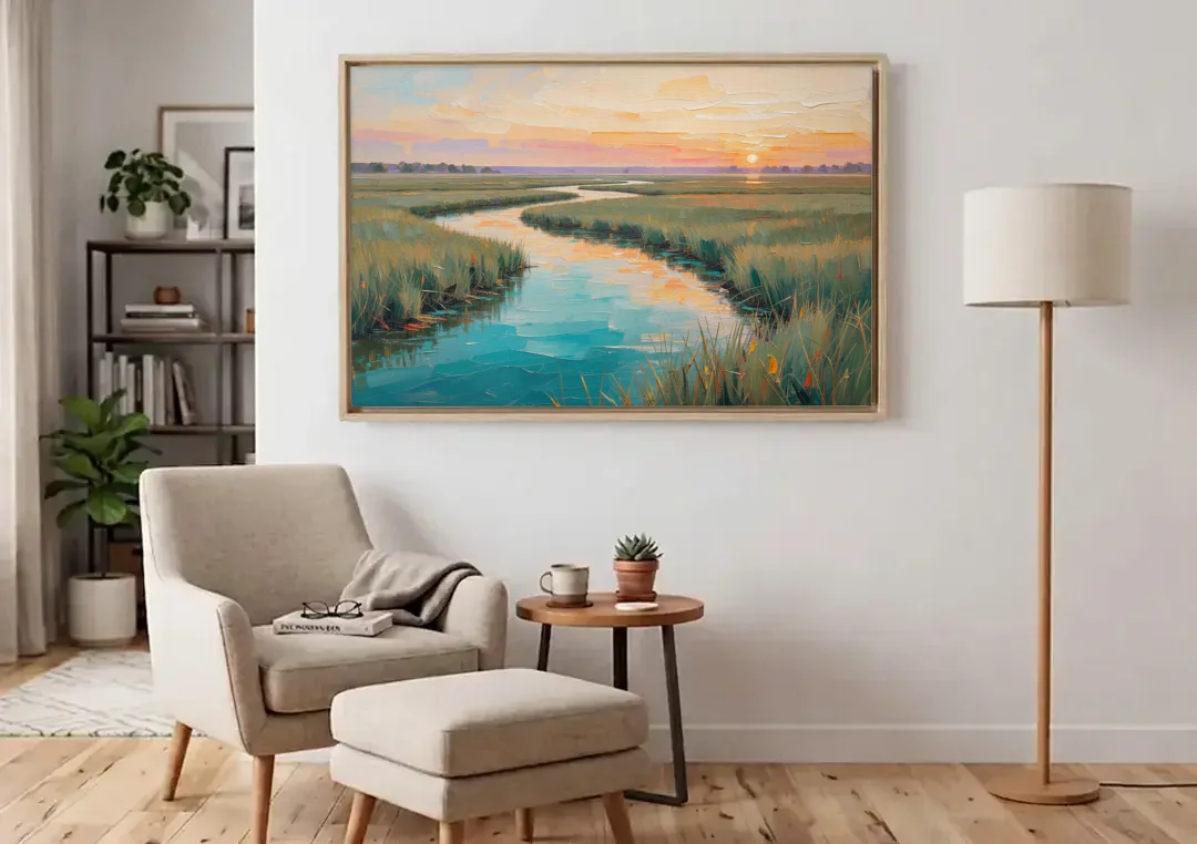 Coastal Salt Marsh at Sunrise for a Big Wall canvas wall art above an armchair in a bright living room