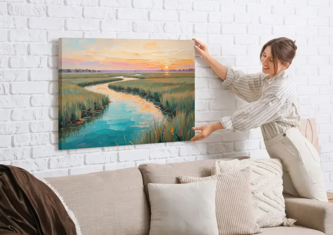 Coastal Salt Marsh at Sunrise for a Big Wall canvas wall art being hung on a white brick wall above a sofa