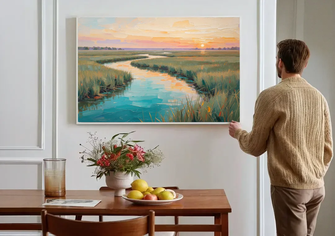 Coastal Salt Marsh at Sunrise for a Big Wall canvas wall art above a dining table