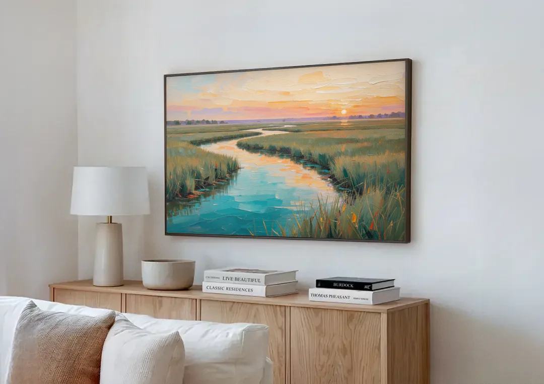 Coastal Salt Marsh at Sunrise for a Big Wall canvas wall art above a wooden sideboard next to a sofa