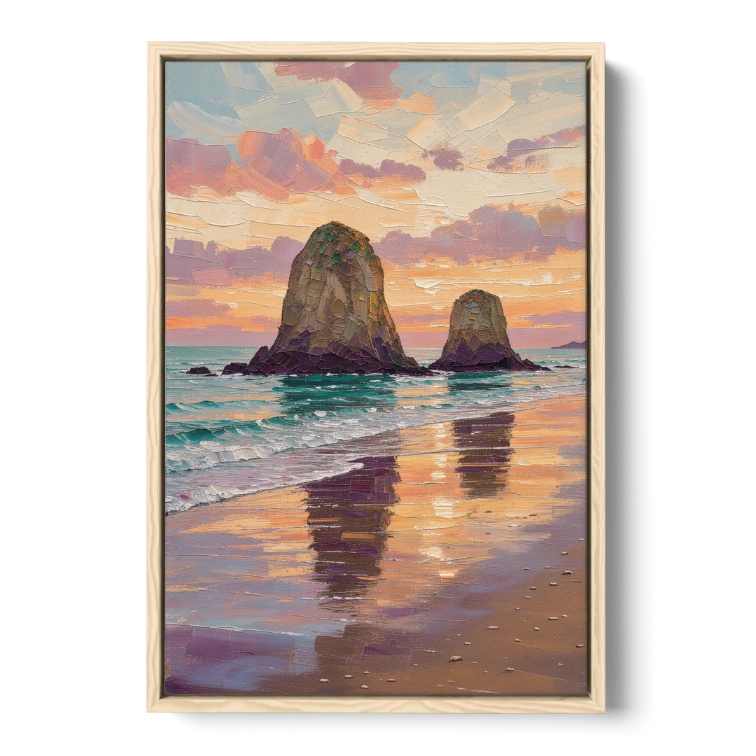 Coastal Sea Stacks at Sunset - Oak Framed Canvas Wall Art - Front