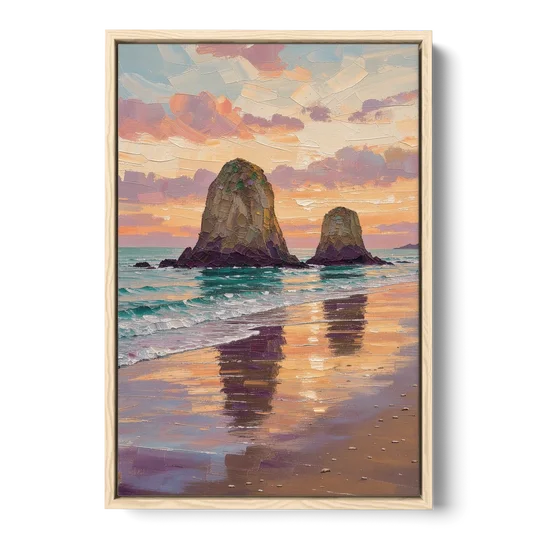 Coastal Sea Stacks at Sunset - Oak Framed Canvas Wall Art - Front