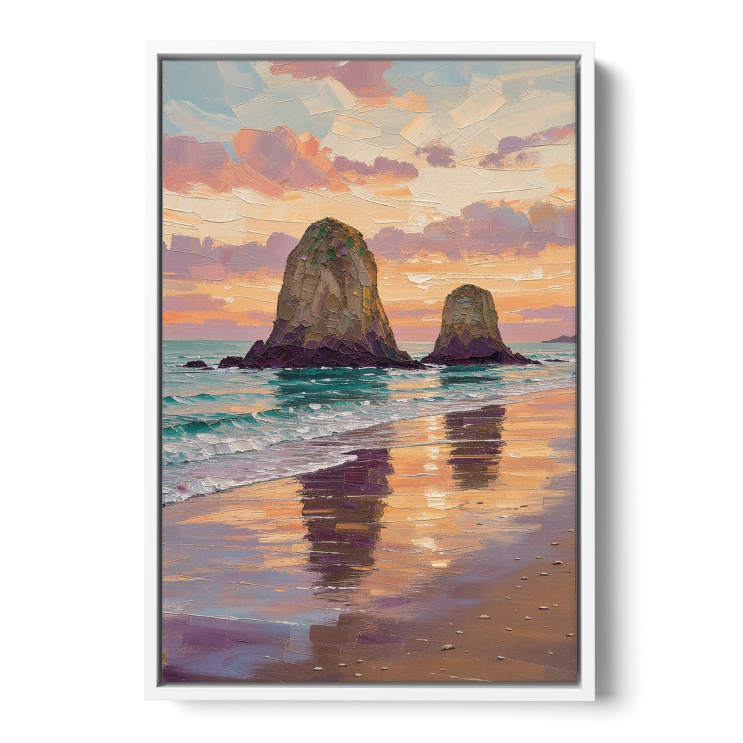 Coastal Sea Stacks at Sunset - White Framed Canvas Wall Art - Front