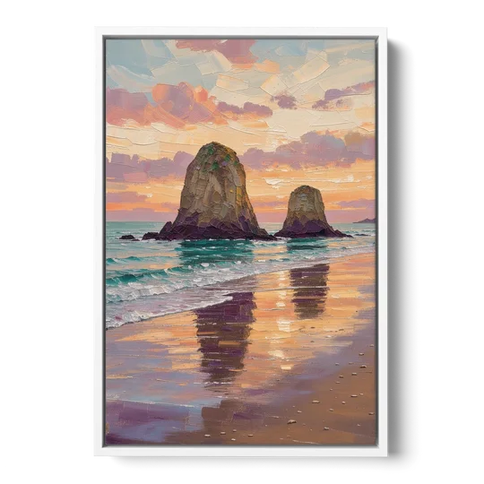Coastal Sea Stacks at Sunset - White Framed Canvas Wall Art - Front