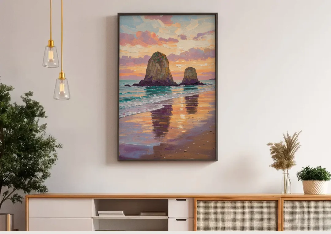 Coastal Sea Stacks at Sunset canvas wall art above a wooden sideboard under pendant lights