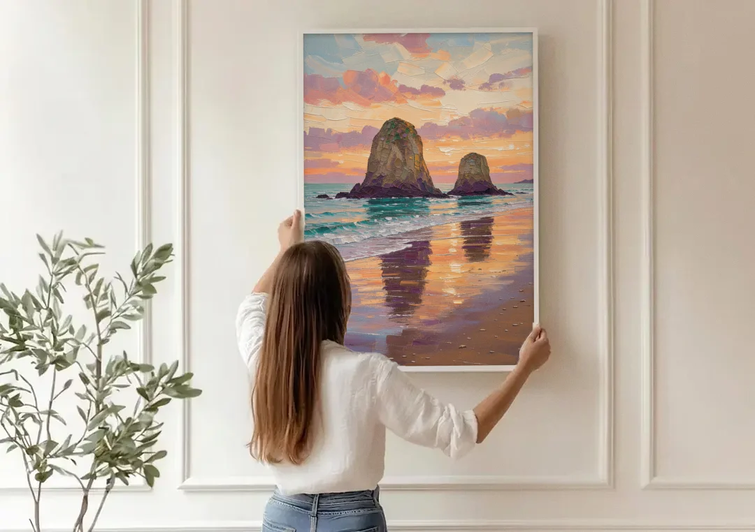 Coastal Sea Stacks at Sunset canvas wall art being hung on a paneled wall