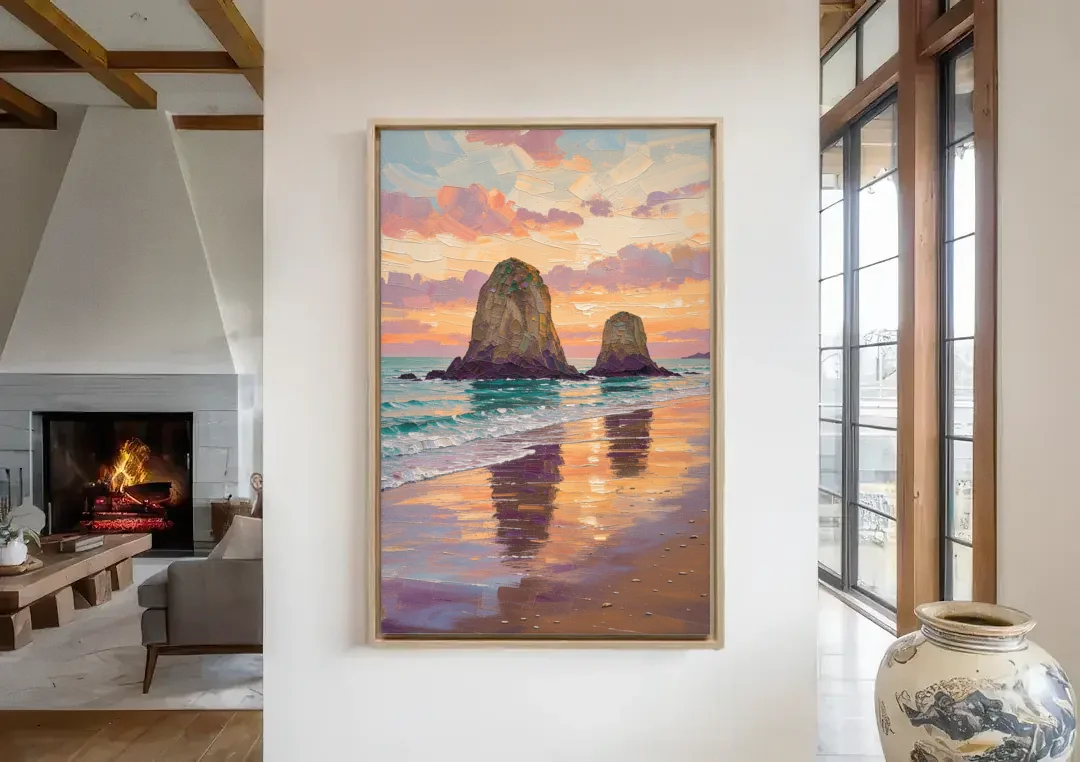 Coastal Sea Stacks at Sunset canvas wall art in a living room with a fireplace