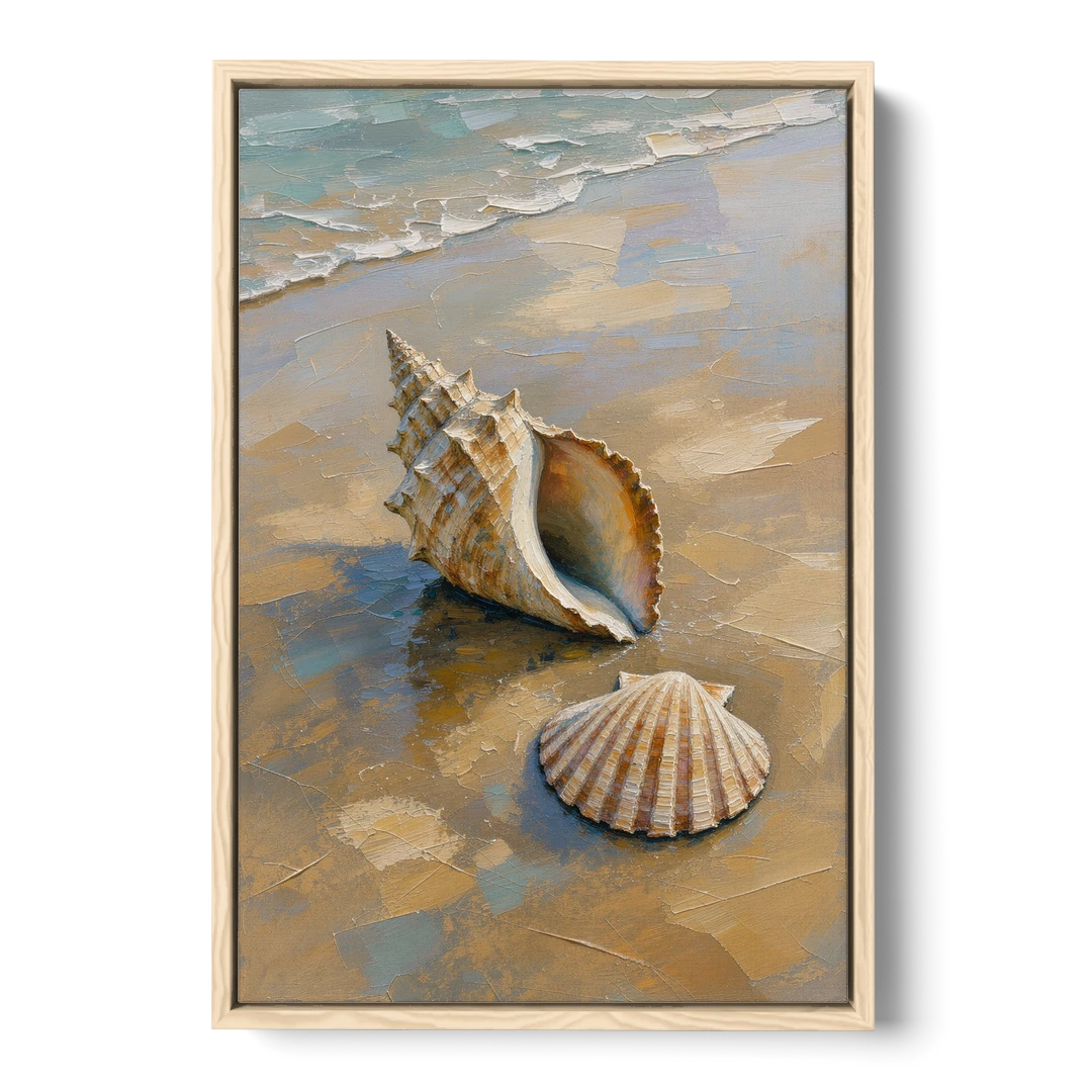 Coastal Seashell Whelk on Wet Sand - Oak Framed Canvas Wall Art - Front