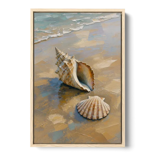 Coastal Seashell Whelk on Wet Sand - Oak Framed Canvas Wall Art - Front
