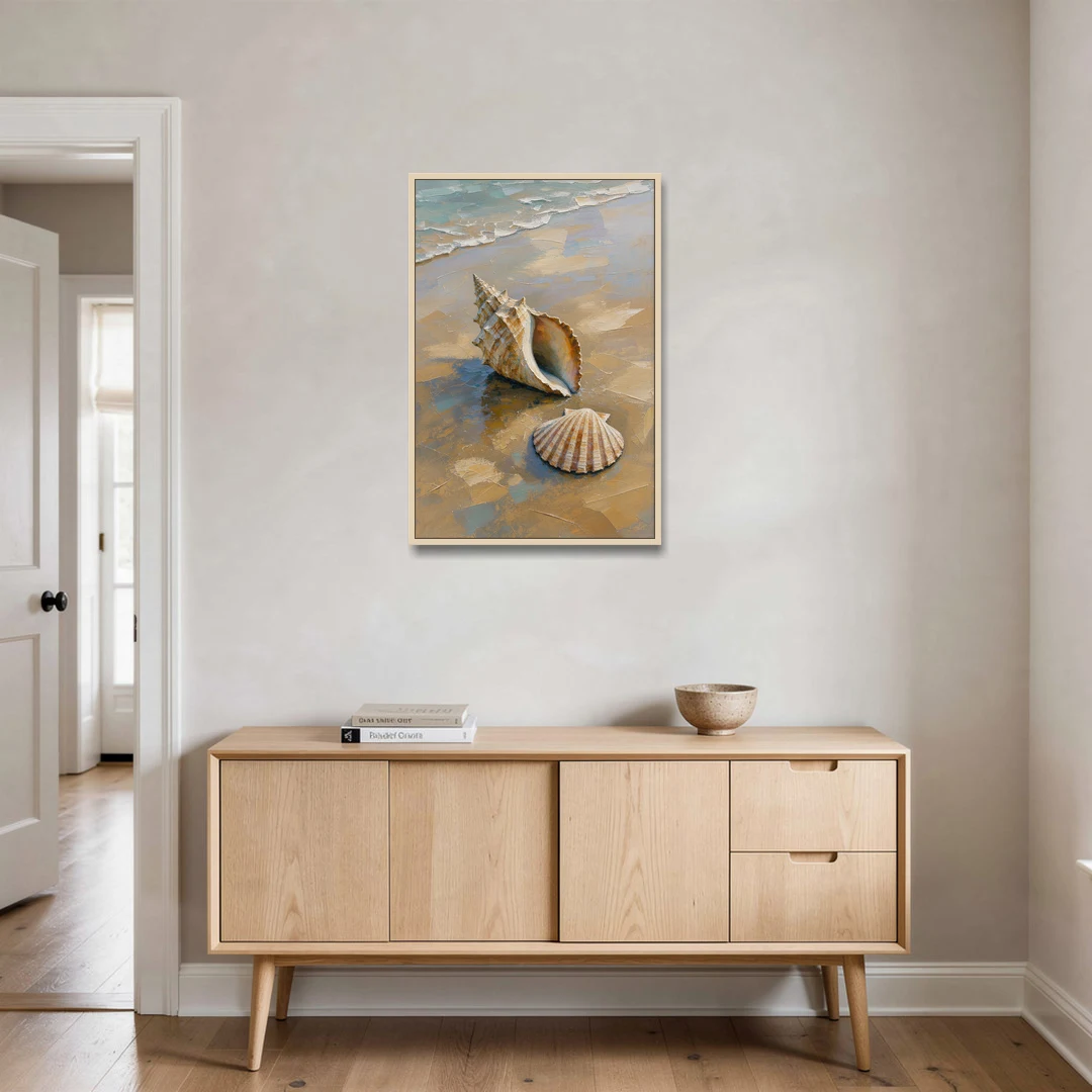 Coastal Seashell Whelk on Wet Sand - Oak Framed Canvas Wall Art - Coffee Table - 24x36