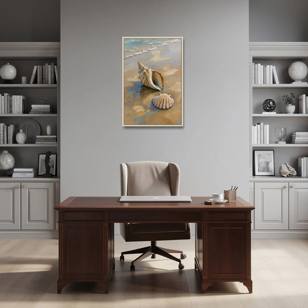 Coastal Seashell Whelk on Wet Sand - Oak Framed Canvas Wall Art - Office - 24x36