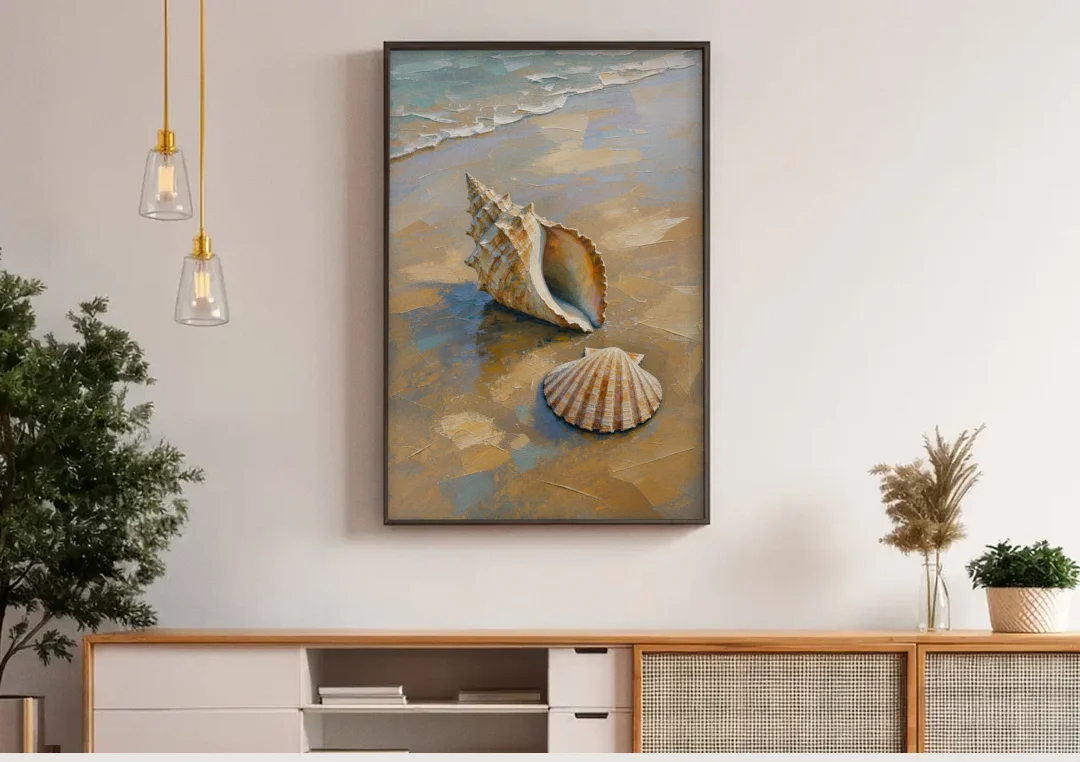 Coastal Seashell Whelk on Wet Sand canvas wall art above a wooden sideboard under pendant lights