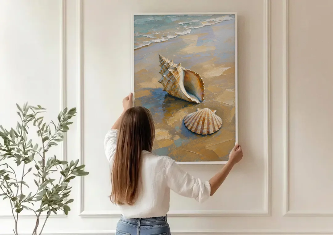 Coastal Seashell Whelk on Wet Sand canvas wall art being hung on a paneled wall