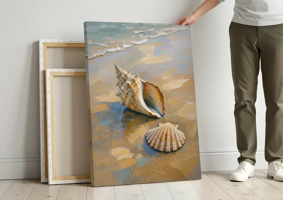 Coastal Seashell Whelk on Wet Sand canvas wall art leaning against a wall next to blank canvases