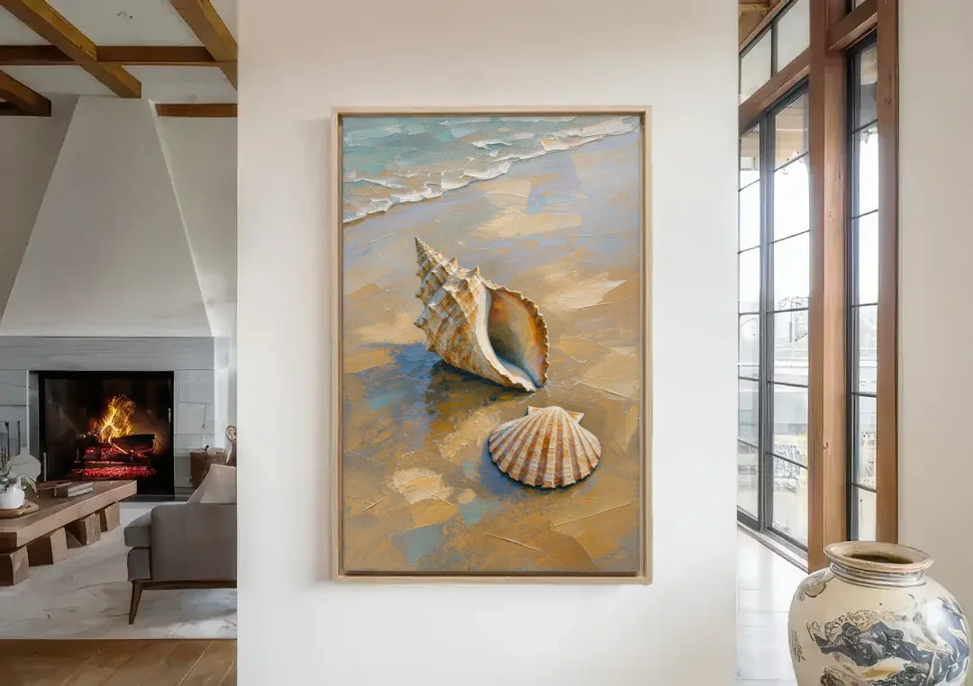Coastal Seashell Whelk on Wet Sand canvas wall art in a living room with a fireplace